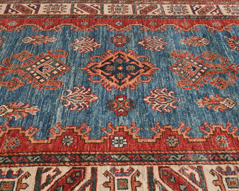 13 Feet Blue Red Kazak Afghan Hand Knotted Wool Runner Rug